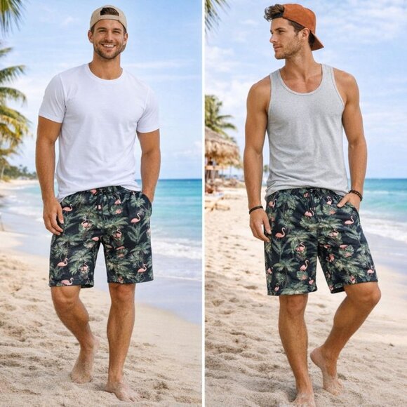 Burnside Lounge Shorts/Flamingo and Palms/ Cotton Stretch Fleeced waist 36 NWOT - Picture 2 of 10